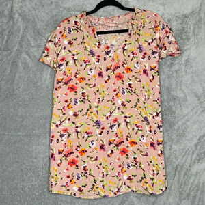 Evri 1X Shirt Top Brown Floral Flower Cap Short Sleeve V Neck Knit Rayon Womens